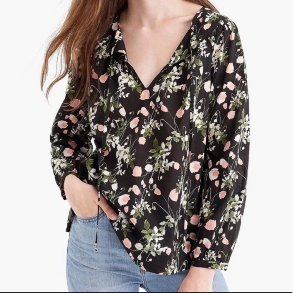 J. Crew Black Poppy Dream Liberty Floral Front Tie Peasant Blouse